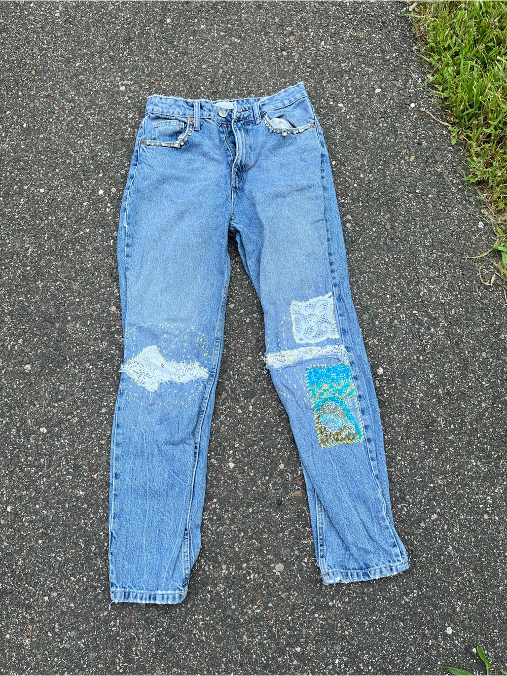 Zara Light Blue Straight-Leg Patchwork Jeans